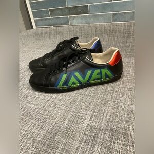 Gucci Ace "Loved" Black Leather Sneakers with Red, Blue, and Green Accents